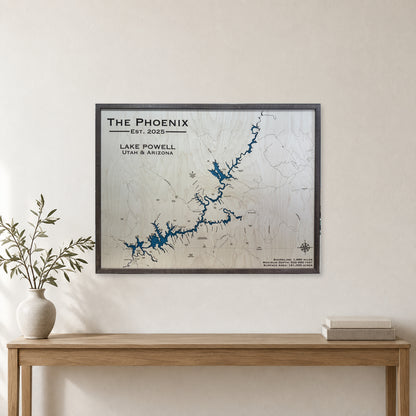 Lake Powell Utah Arizona The Phoenix Walnut Single Water Layer Wood Map — room mockup [MC20261006 q2181 bfec6dac9415]