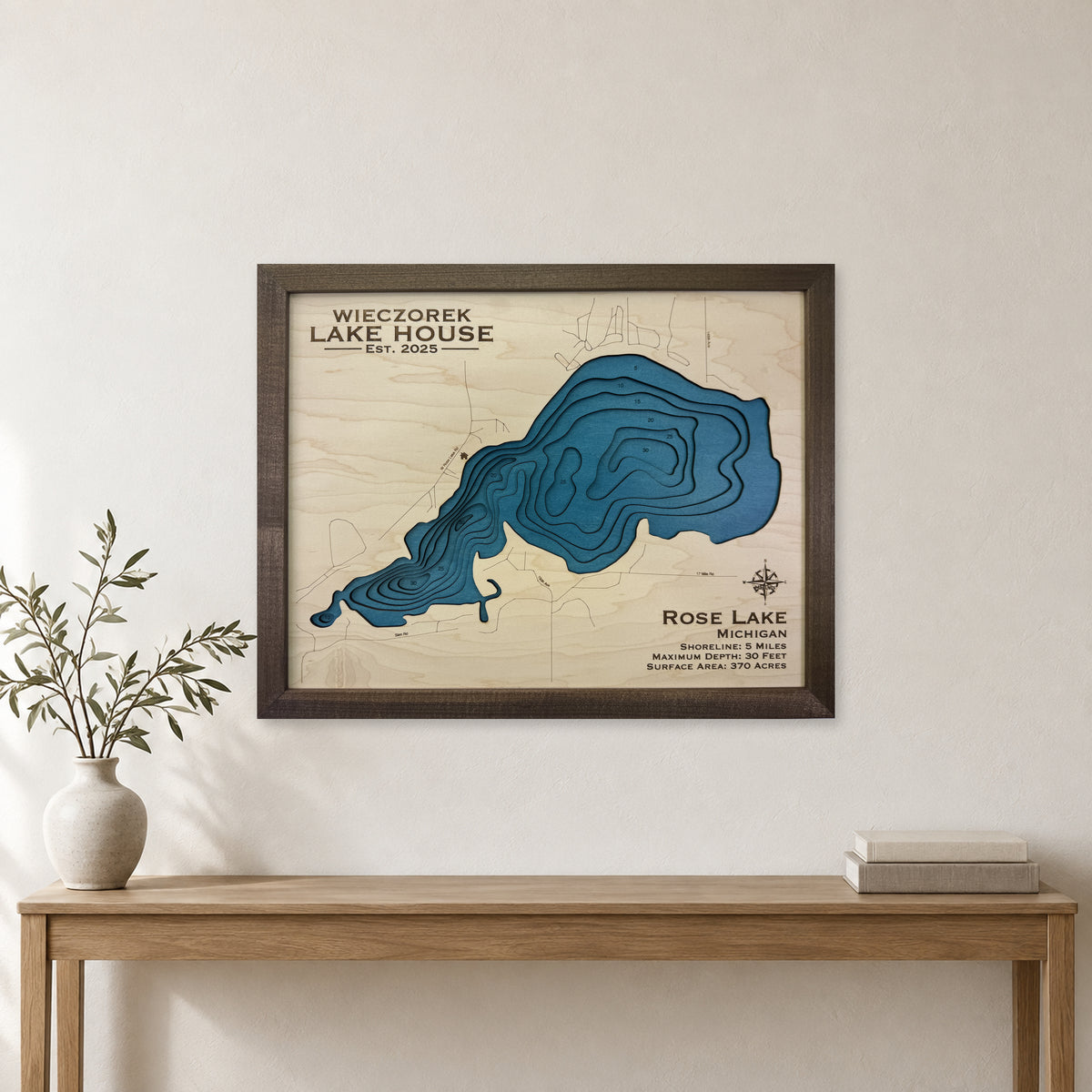 Rose Lake, Michigan Wood Map — room mockup [MC20261006 q2194 04fdd2dc9497]