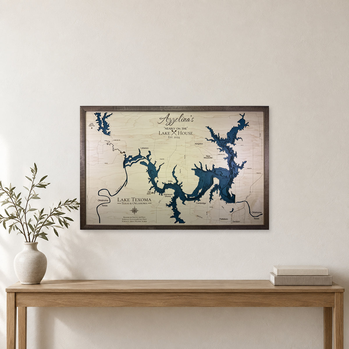 Lake Texoma Texas and Oklahoma Azzolina Wood Map — room mockup [MC20261006 q2208 0d4cce80bf64]