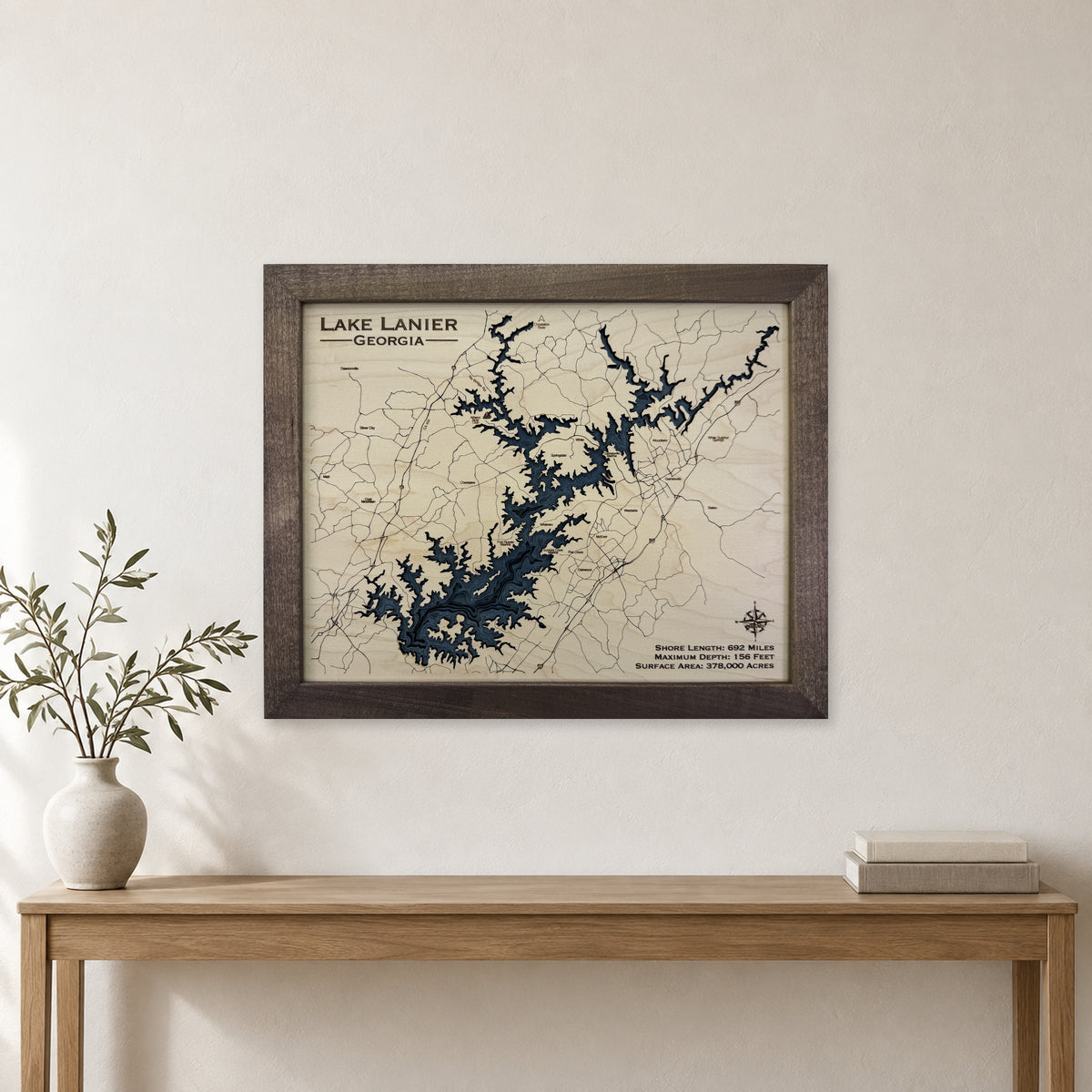 Lake Lanier Georgia Multilayer Wood Map — room mockup [MC20261006 q2218 7cb54f3ecbed]