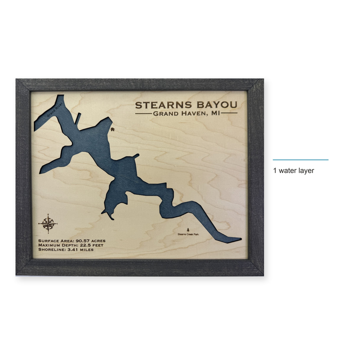 Stearns Bayou, Grand Haven, Michigan Wood Map — style-labeled photo [MC20261006 q2220 4973f1e92424]