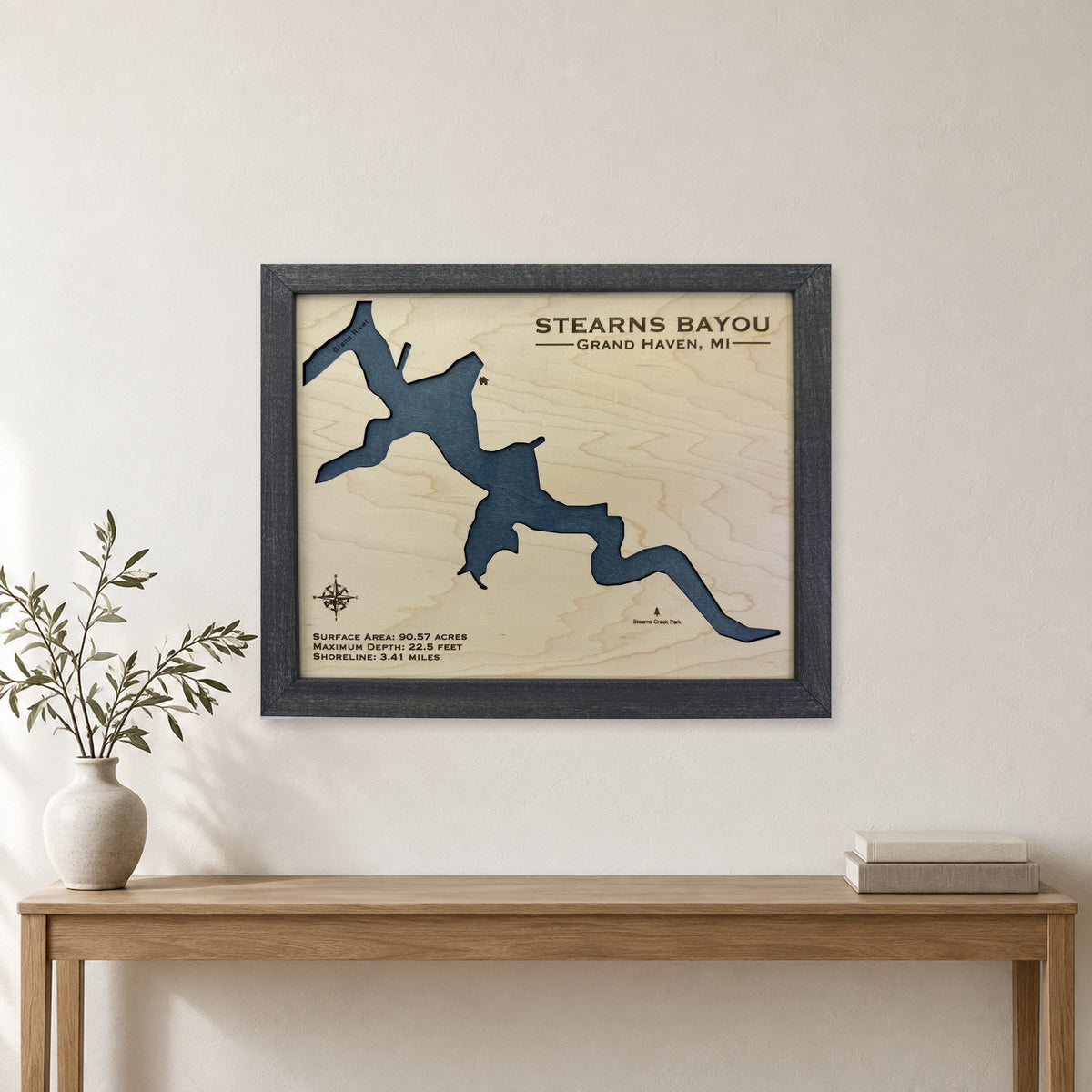 Stearns Bayou, Grand Haven, Michigan Wood Map — room mockup [MC20261006 q2220 9907d5f76a80]