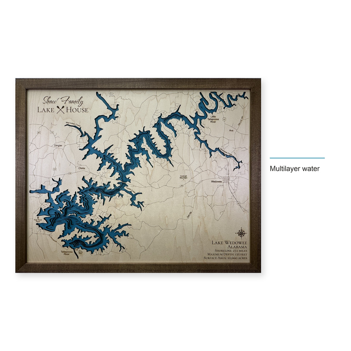 Lake Wedowee Alabama Shaw Family Walnut Multilayer Wood Map — style-labeled photo [MC20261006 q2249 167ee2b18c82]