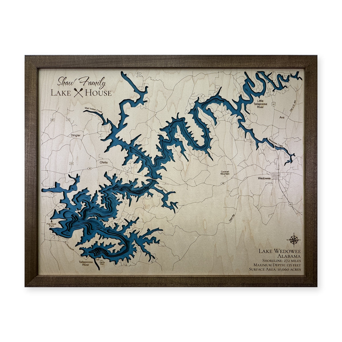 Lake Wedowee Alabama Shaw Family Walnut Multilayer Wood Map — Multilayer water main photo [MC20261006 q2249 acb2dcf0dbba]