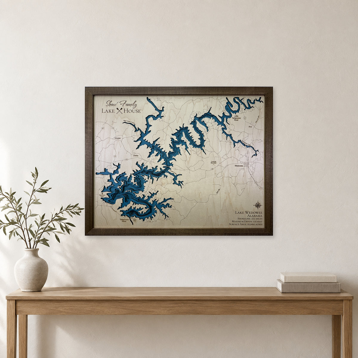 Lake Wedowee Alabama Shaw Family Walnut Multilayer Wood Map — room mockup [MC20261006 q2249 12e7d03ef358]