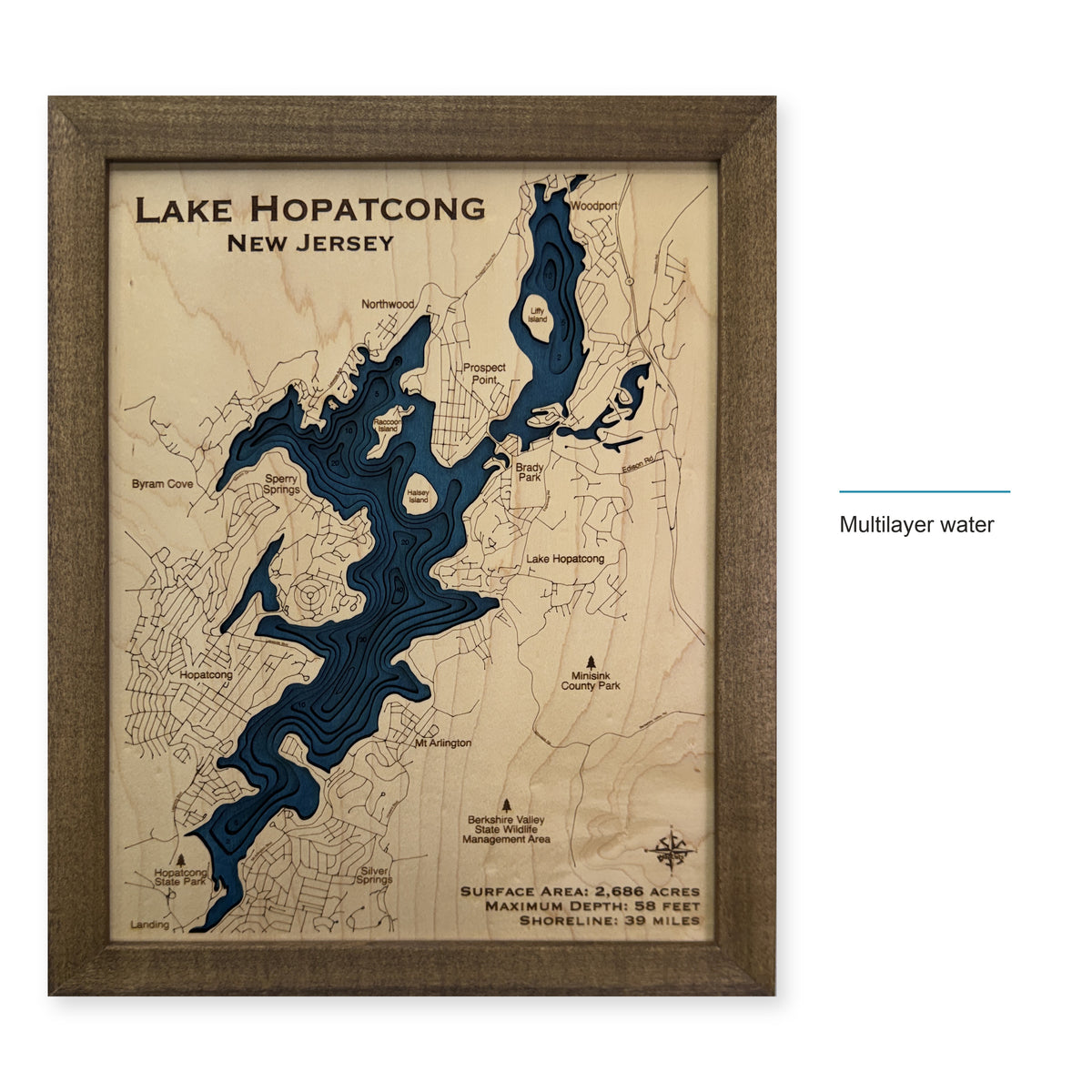 Lake Hopatcong New Jersey Walnut Bold Plain Multilayer Wood Map — style-labeled photo [MC20261006 q2276 57983aa62f9d]