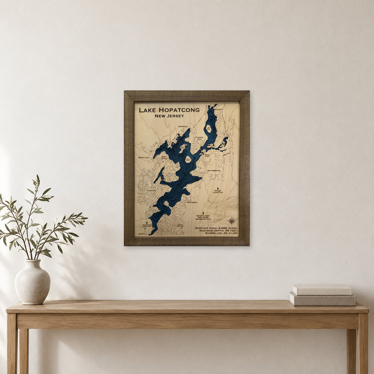 Lake Hopatcong New Jersey Walnut Bold Plain Multilayer Wood Map — room mockup [MC20261006 q2276 d70db2d98895]