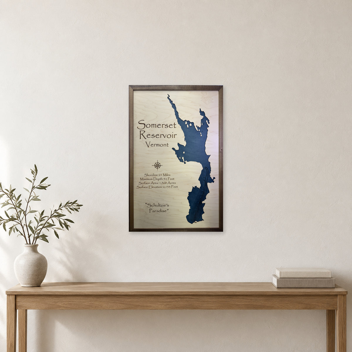 Somerset Reservoir, Vermont Wood Map — room mockup [MC20261006 q2280 f1f8485a8c26]