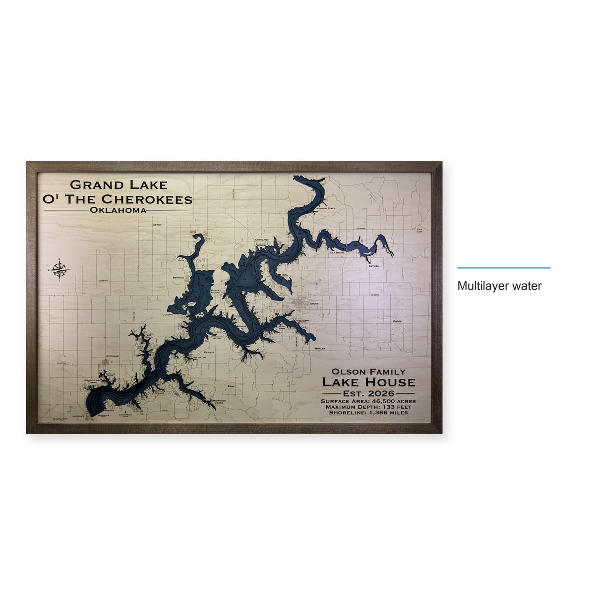 Grand Lake Oklahoma Olson Family Walnut Multilayer Wood Map — style-labeled photo [MC20261006 q2301 48f852059d34]