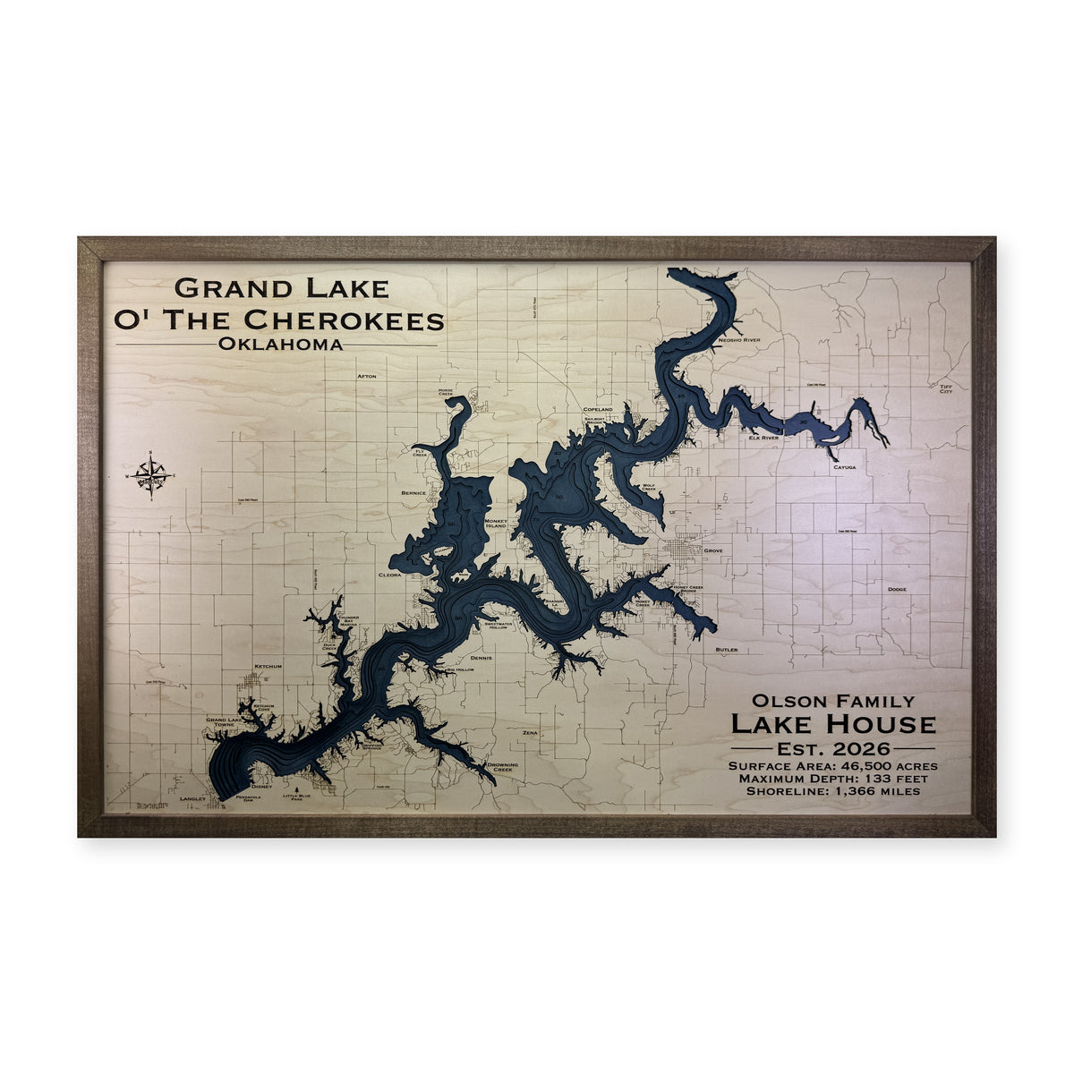 Grand Lake Oklahoma Olson Family Walnut Multilayer Wood Map — Multilayer water main photo [MC20261006 q2301 e9fbd628726b]