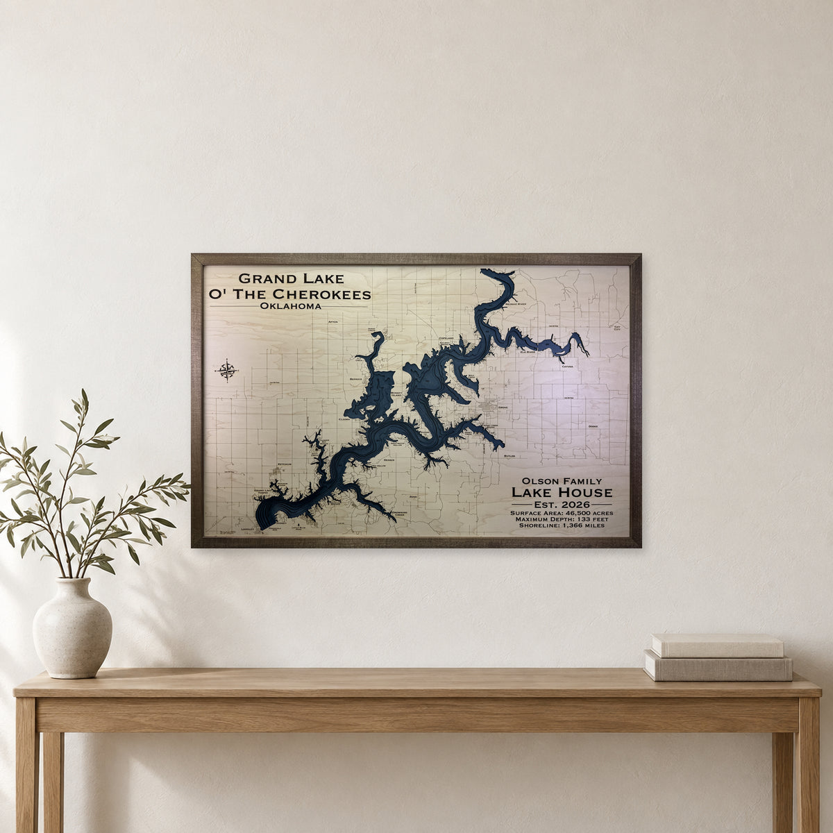Grand Lake Oklahoma Olson Family Walnut Multilayer Wood Map — room mockup [MC20261006 q2301 9db2dd22539c]