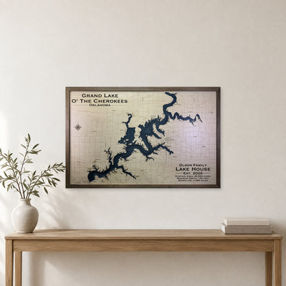 Grand Lake Oklahoma Olson Family Walnut Multilayer Wood Map — room mockup [MC20261006 q2301 9db2dd22539c]
