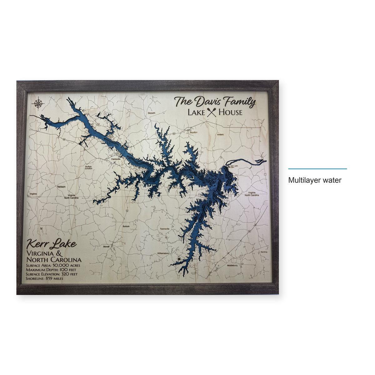 Kerr Lake Virginia North Carolina Davis Family Walnut Multilayer Wood Map — style-labeled photo [MC20261006 q2350 54cc9e1fe069]