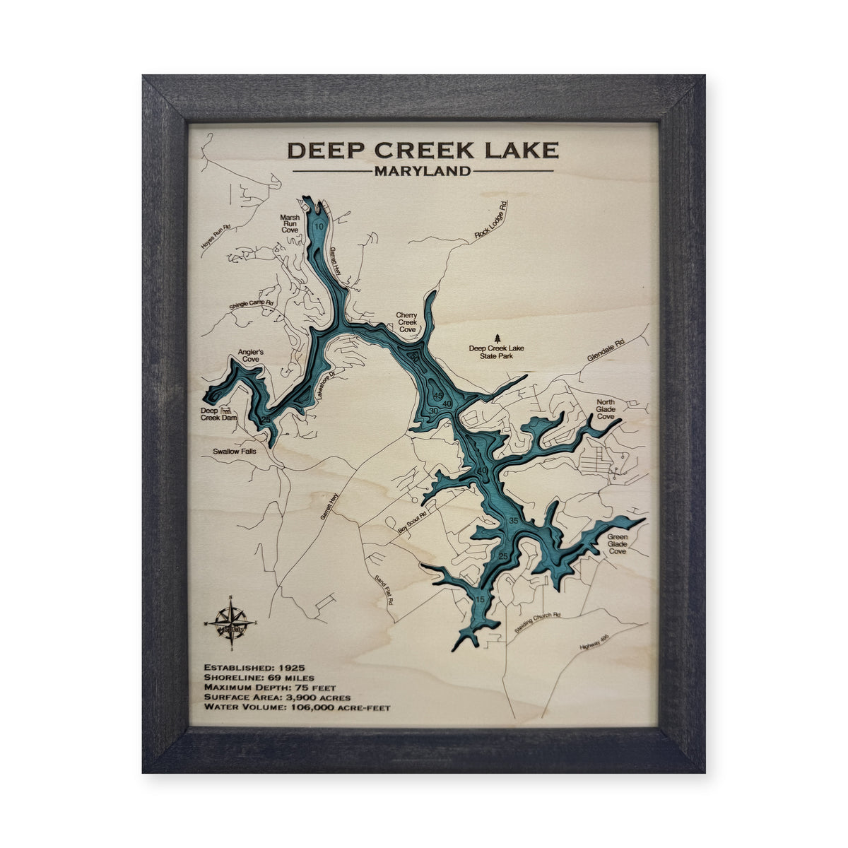 Deep Creek Lake Maryland Charcoal Plain Multilayer Wood Map — Multilayer water main photo [MC20261006 q2368 72bf2b0c6cdf]