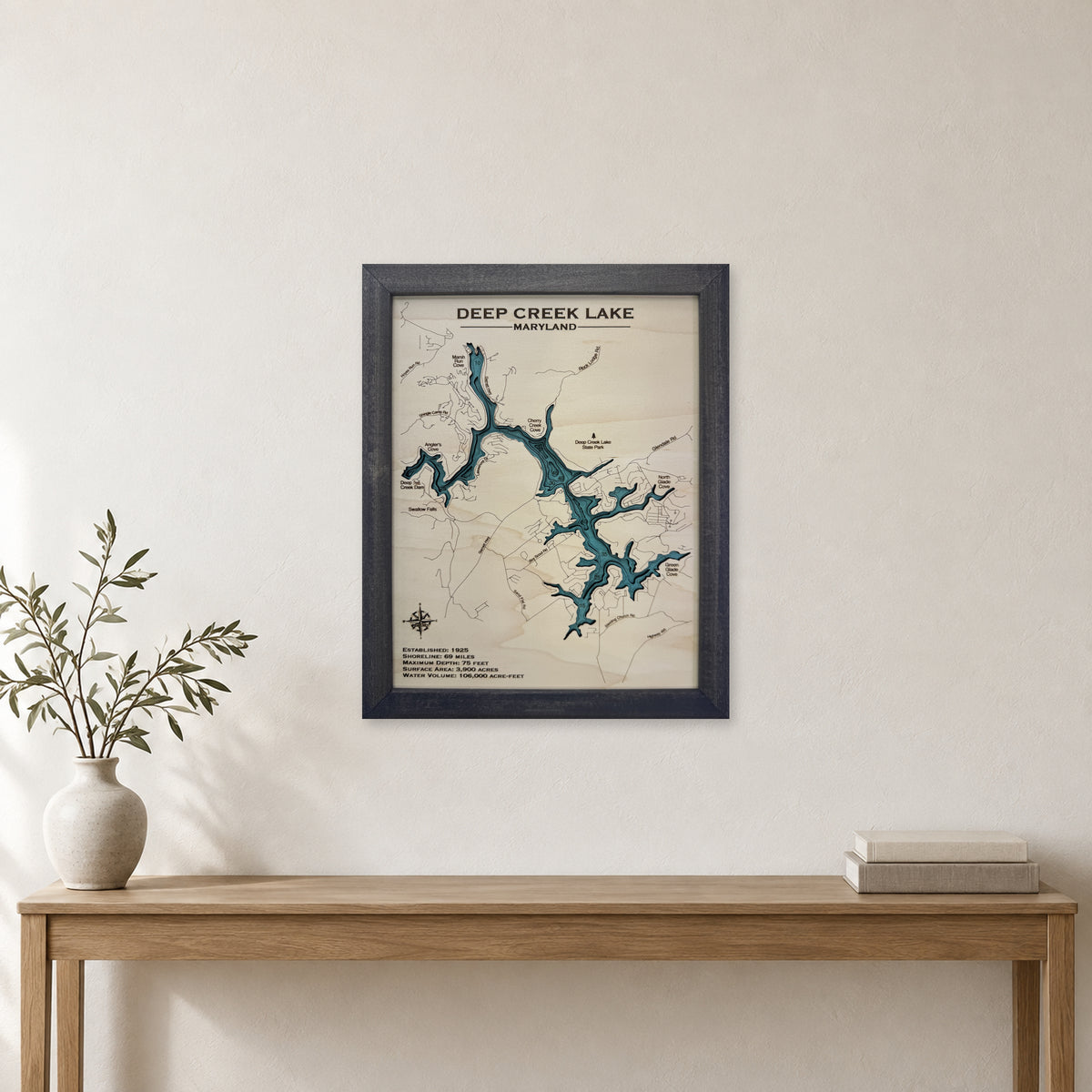 Deep Creek Lake Maryland Charcoal Plain Multilayer Wood Map — room mockup [MC20261006 q2368 c04b98865ce4]
