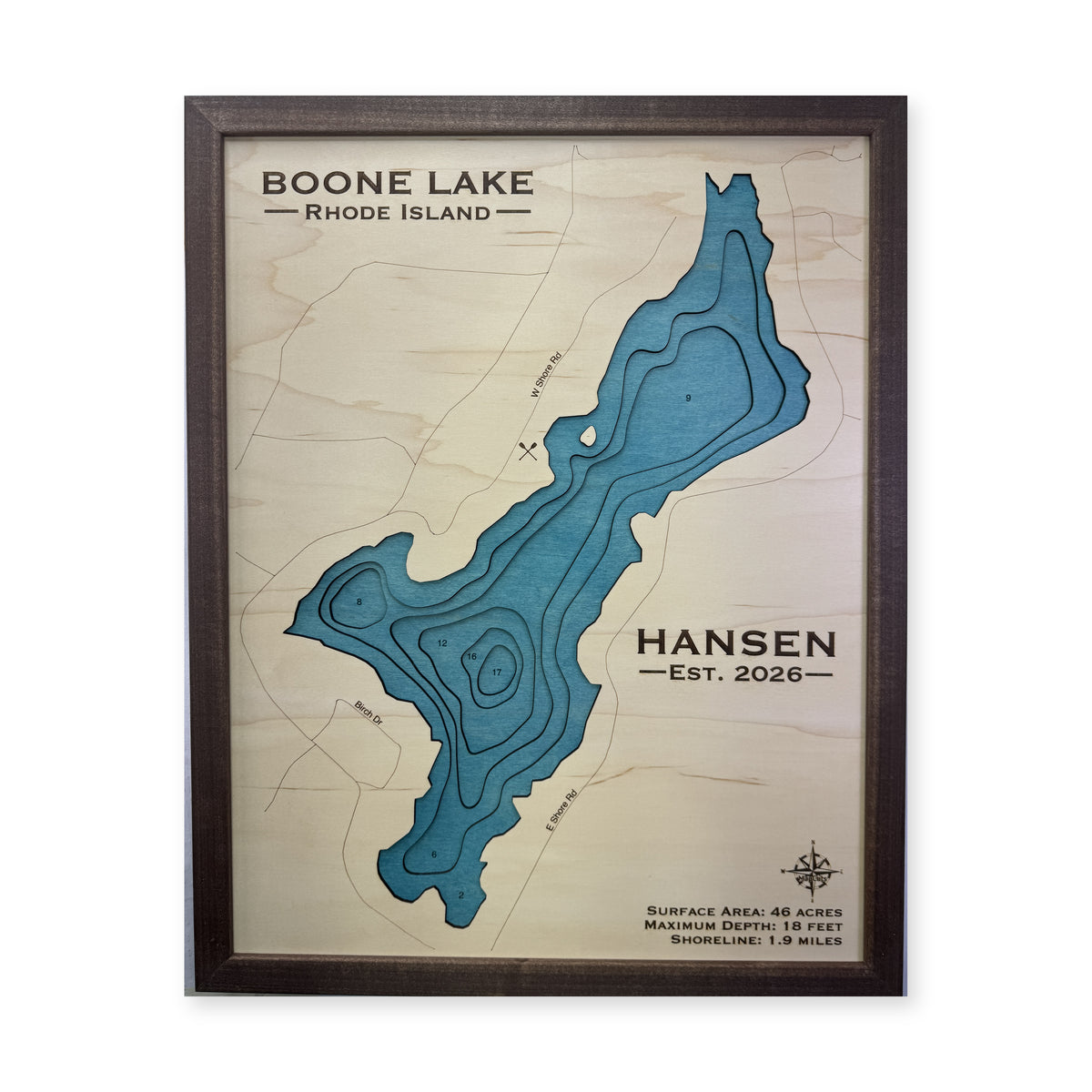 Boone Lake, Rhode Island Wood Map — plain-background photo [MC20261006 q2378 83e2276d1470]