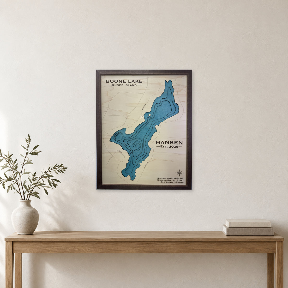 Boone Lake, Rhode Island Wood Map — room mockup [MC20261006 q2378 a05b1c12e3c0]