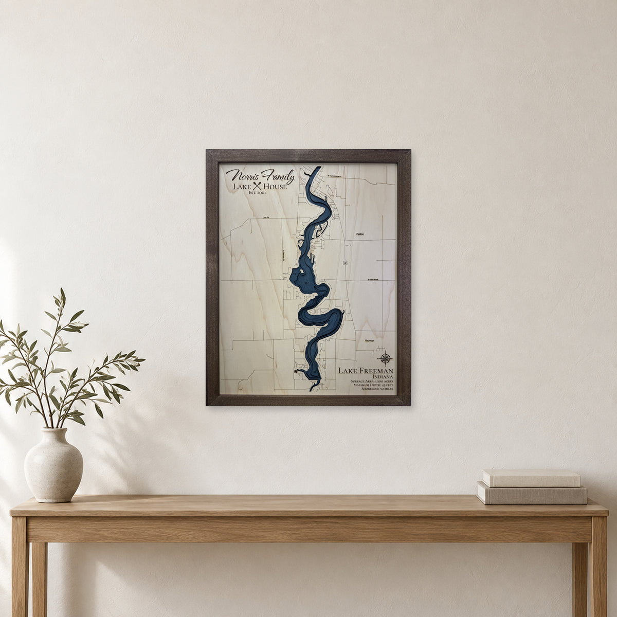 Lake Freeman, Indiana Wood Map — room mockup [MC20261006 q2380 c5b8f07c4ebd]