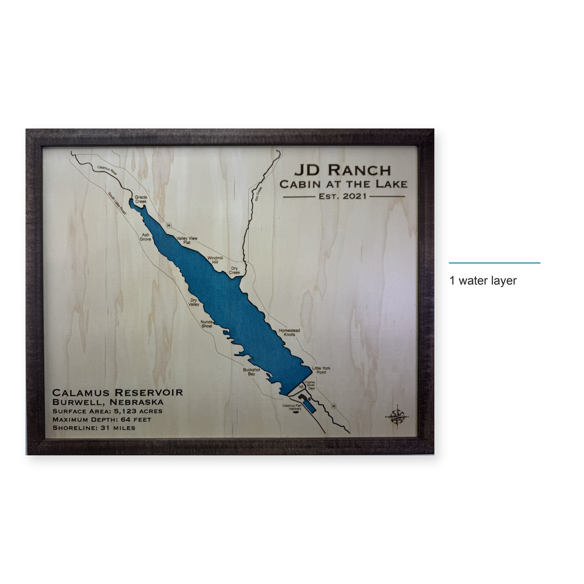 Calamus Reservoir, Burwell, Nebraska Wood Map — style-labeled photo [MC20261006 q2392 6456eed1d82d]