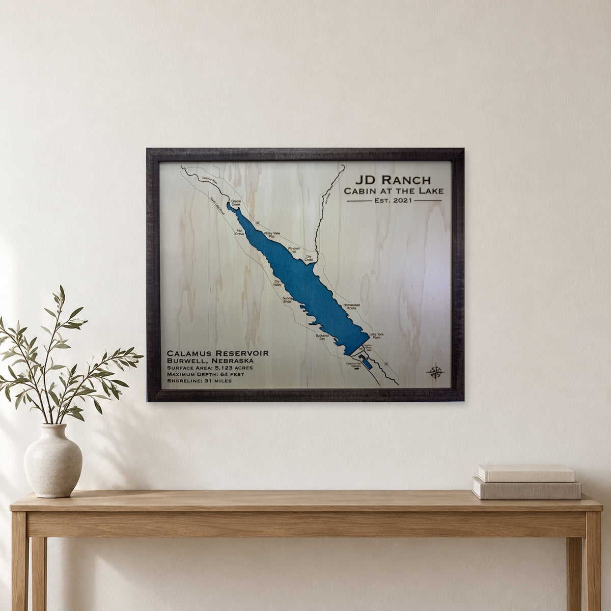 Calamus Reservoir, Burwell, Nebraska Wood Map — room mockup [MC20261006 q2392 01a2439bd31e]