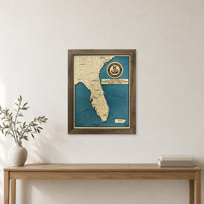 Florida Coast Guard Allan Williams Wood Map — room mockup [MC20261006 q2400 cbcf99d70f29]