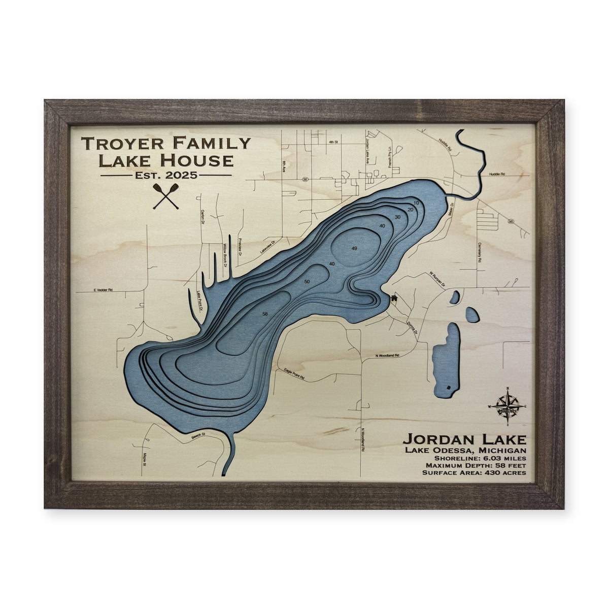 Jordan Lake, Lake Odessa, Michigan Wood Map — plain-background photo [MC20261006 q2427 fd8265eece79]