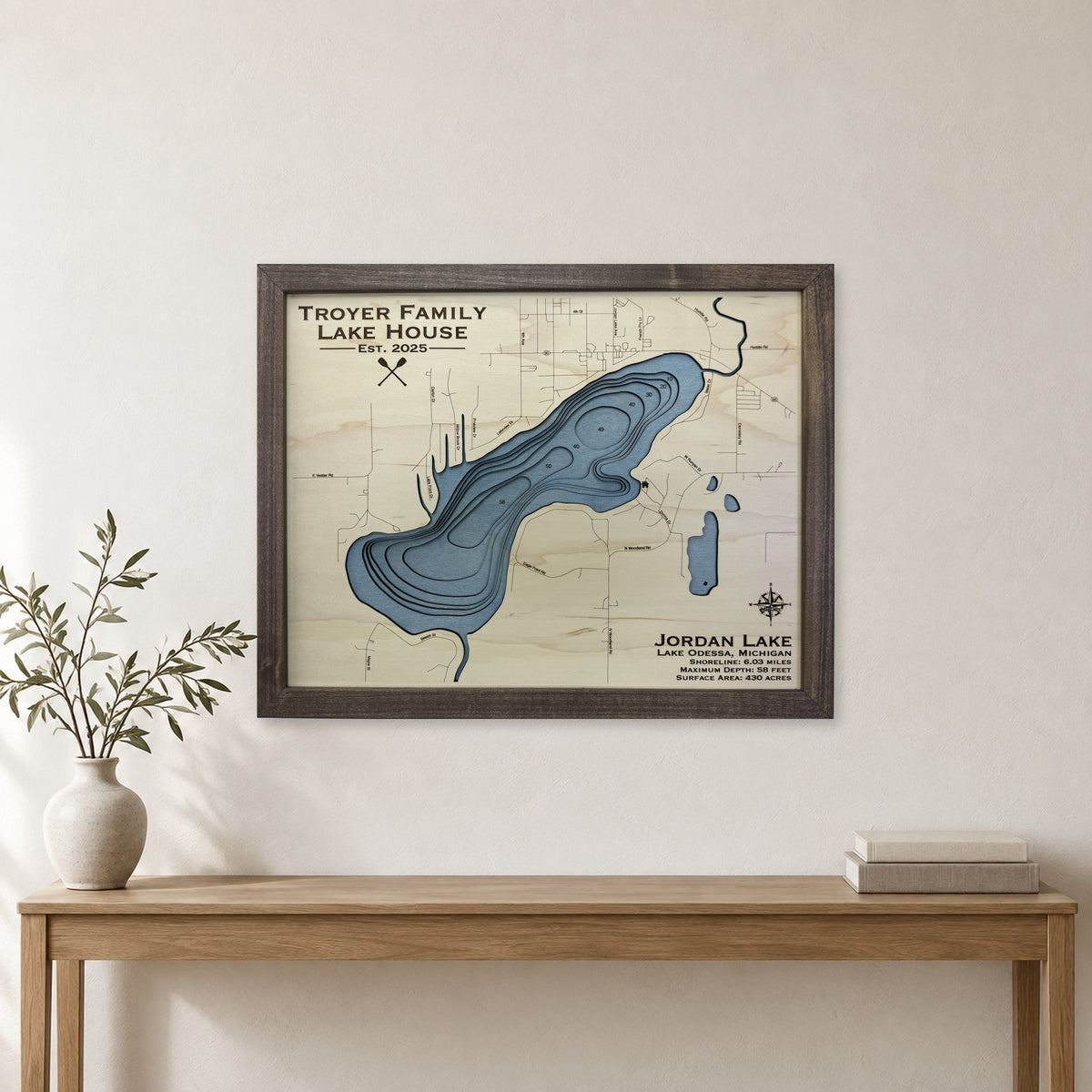Jordan Lake, Lake Odessa, Michigan Wood Map — room mockup [MC20261006 q2427 9fcb54094463]