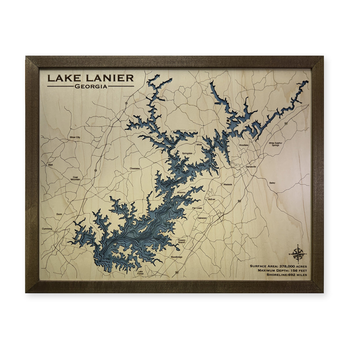 Lake Lanier Georgia Walnut Square Plain Multilayer Wood Map — Multilayer water main photo [MC20261006 q2448 9fc2fe2a52ff]