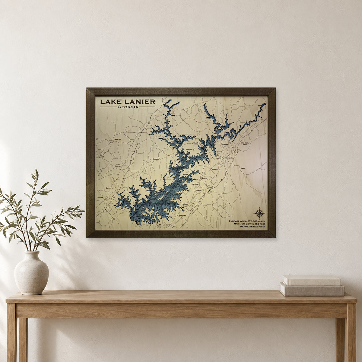 Lake Lanier Georgia Walnut Square Plain Multilayer Wood Map — room mockup [MC20261006 q2448 f6a3ba326fb9]