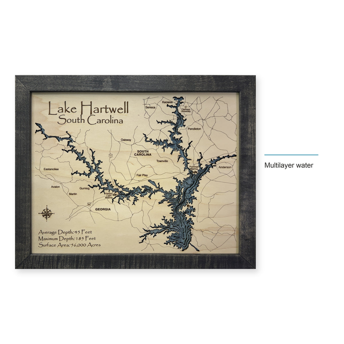 Lake Hartwell South Carolina Charcoal Script Multilayer Wood Map — style-labeled photo [MC20261006 q2452 019af5299596]