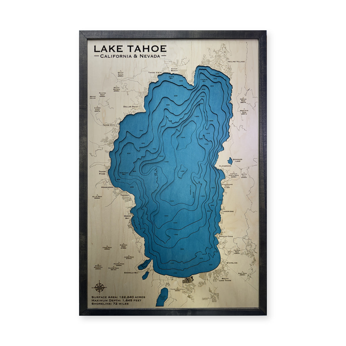 Lake Tahoe California Nevada Charcoal Single Water Layer Engraved Contours Wood Map — 1 water layer with engraved contours main photo [MC20261006 q2455 22ba31cb20ff]