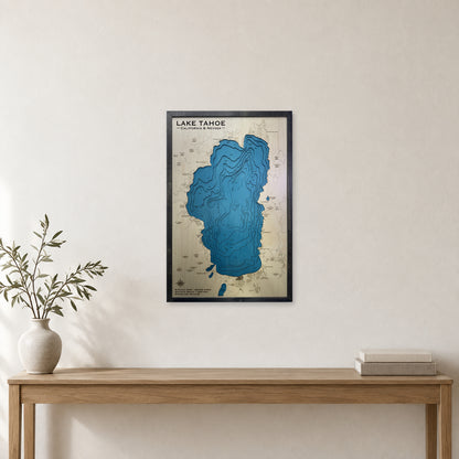 Lake Tahoe California Nevada Charcoal Single Water Layer Engraved Contours Wood Map — room mockup [MC20261006 q2455 6198c804a49c]