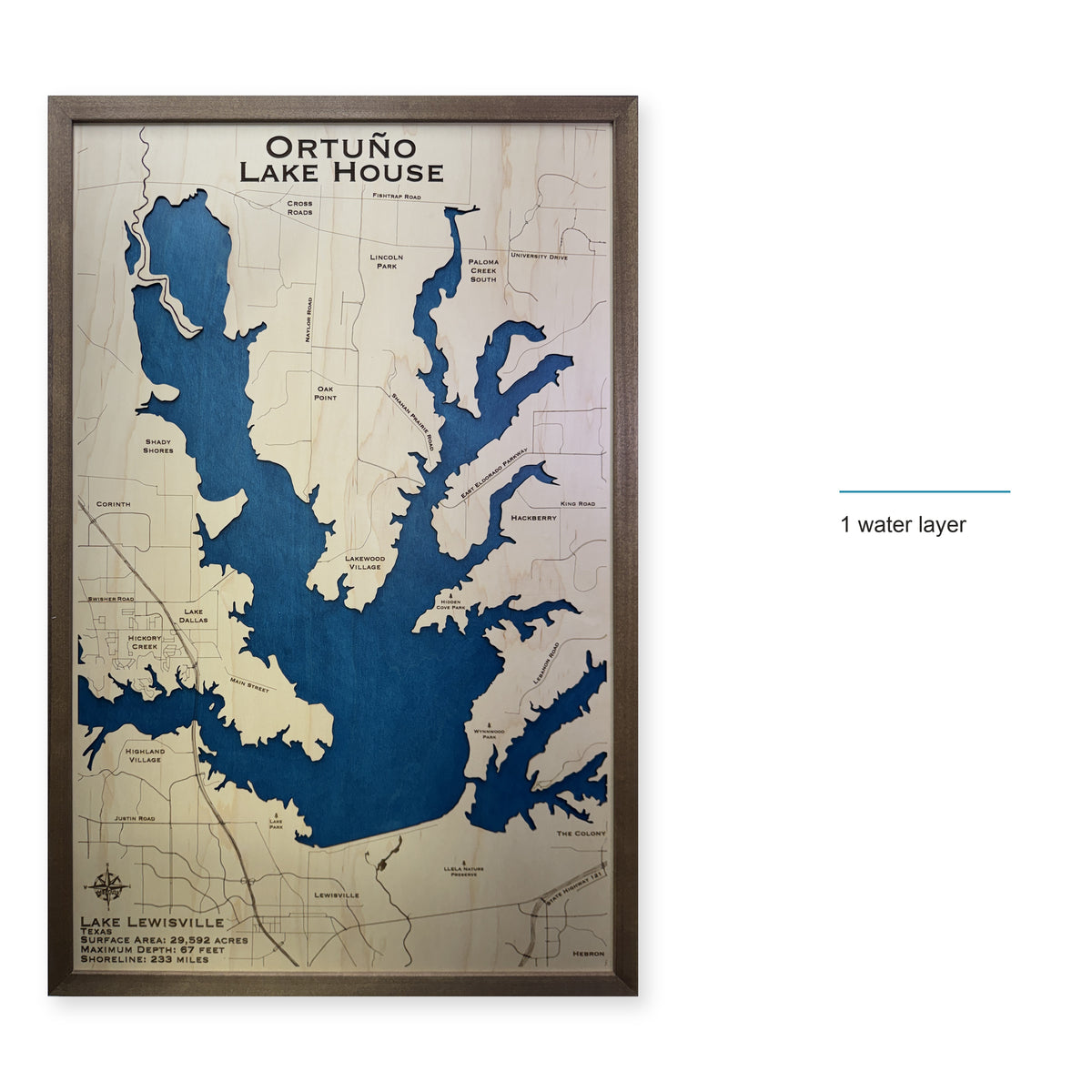 Lake Lewisville Texas Ortuno Lake House Single Water Layer Wood Map — style-labeled photo [MC20261006 q2469 9e5f7bf968fb]