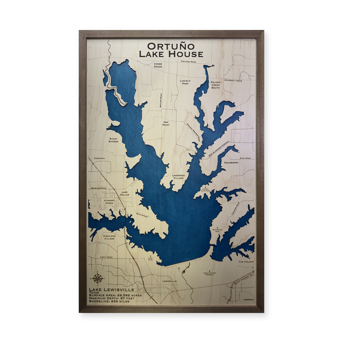 Lake Lewisville Texas Ortuno Lake House Single Water Layer Wood Map — 1 water layer main photo [MC20261006 q2469 f21073160b5e]