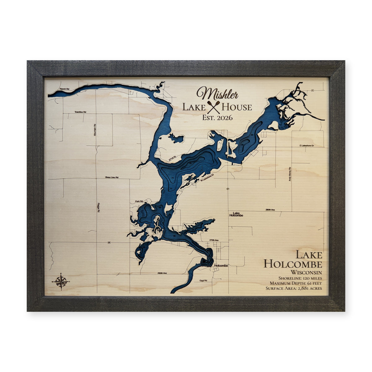 Lake Holcombe, Wisconsin Wood Map — plain-background photo [MC20261006 q2484 c20f518979b3]
