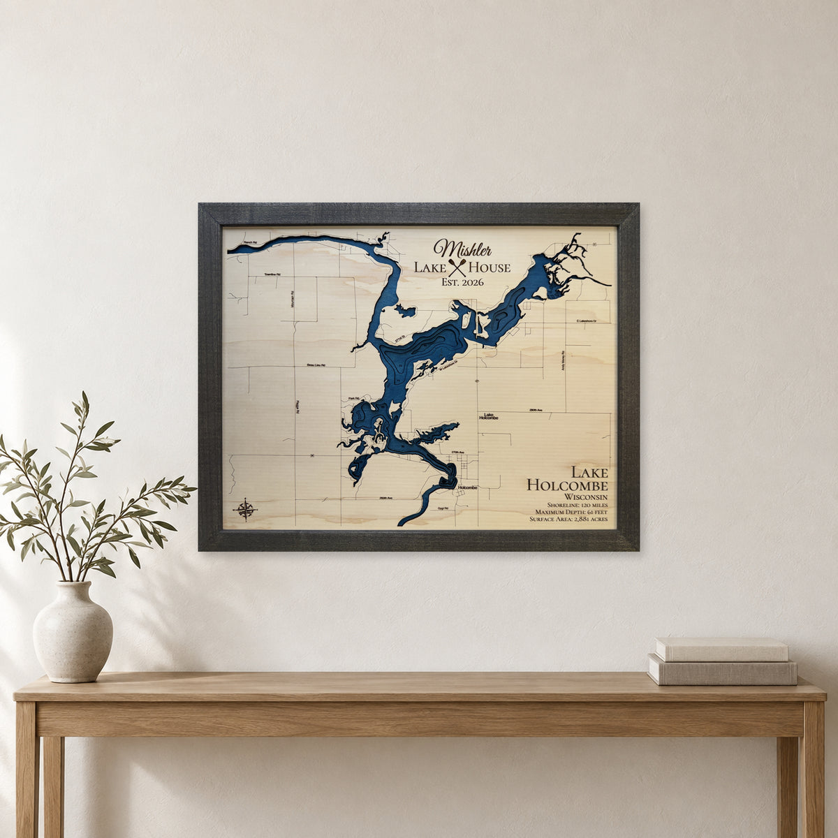 Lake Holcombe, Wisconsin Wood Map — room mockup [MC20261006 q2484 6a1dee774c50]