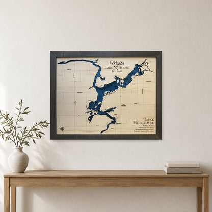 Lake Holcombe, Wisconsin Wood Map — room mockup [MC20261006 q2484 6a1dee774c50]