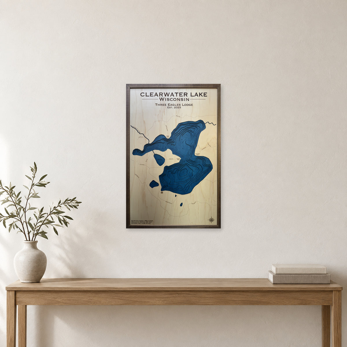Clearwater Lake, Wisconsin Wood Map — room mockup [MC20261006 q2491 e65f26887d3c]
