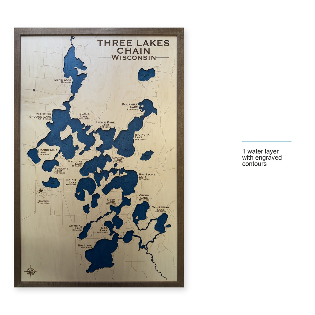 Three Lakes Chain, Wisconsin Wood Map — style-labeled photo [MC20261006 q2492 c429f5ad88b4]