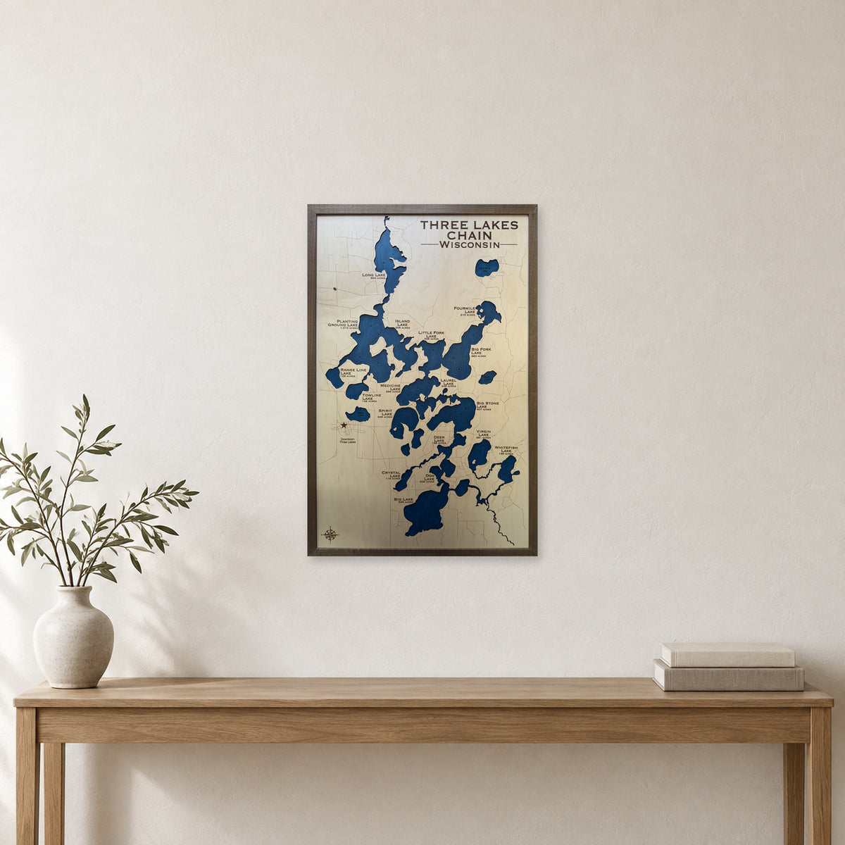 Three Lakes Chain, Wisconsin Wood Map — room mockup [MC20261006 q2492 708cf93b5600]