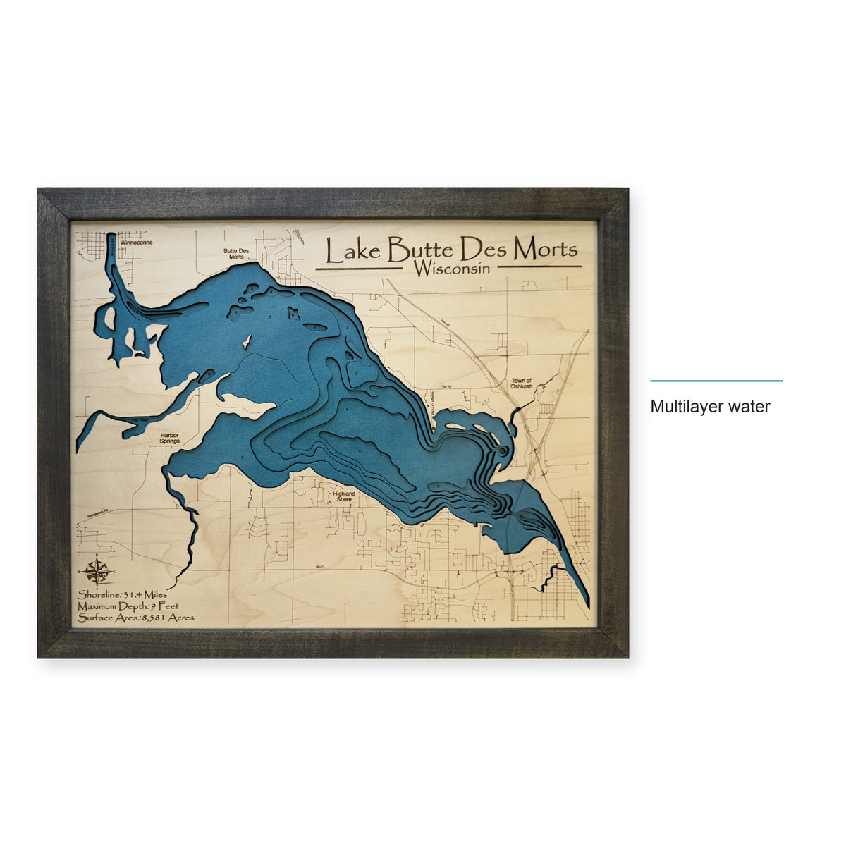 Lake Butte Des Morts Wisconsin Charcoal Script Multilayer Wood Map — style-labeled photo [MC20261006 q2497 2b77486cbd0b]