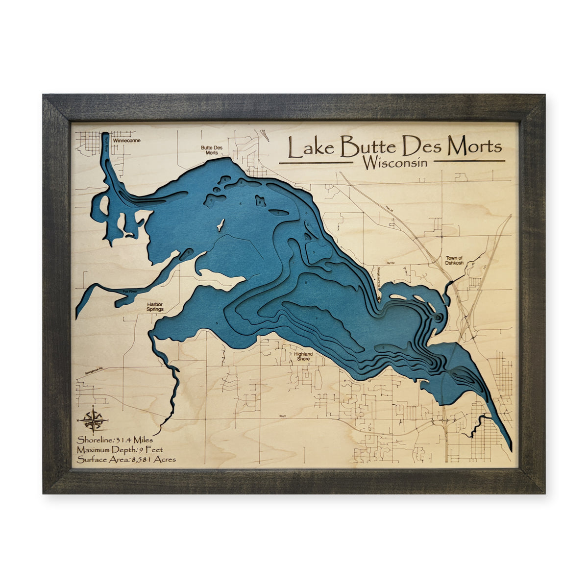Lake Butte Des Morts Wisconsin Charcoal Script Multilayer Wood Map — Multilayer water main photo [MC20261006 q2497 3fbb8d275c23]
