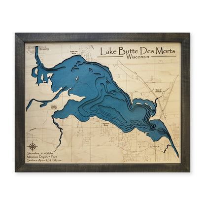 Lake Butte Des Morts Wisconsin Charcoal Script Multilayer Wood Map — Multilayer water main photo [MC20261006 q2497 3fbb8d275c23]