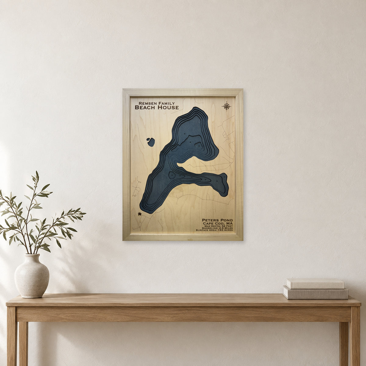 Peters Pond, Cape Cod, Massachusetts Wood Map — room mockup [MC20261006 q2499 d14ab5fa219b]