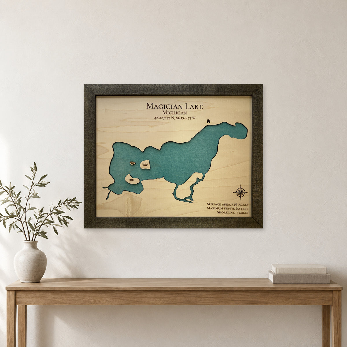 Magician Lake, Michigan Wood Map — room mockup [MC20261006 q2512 a82eb5c7c7c6]