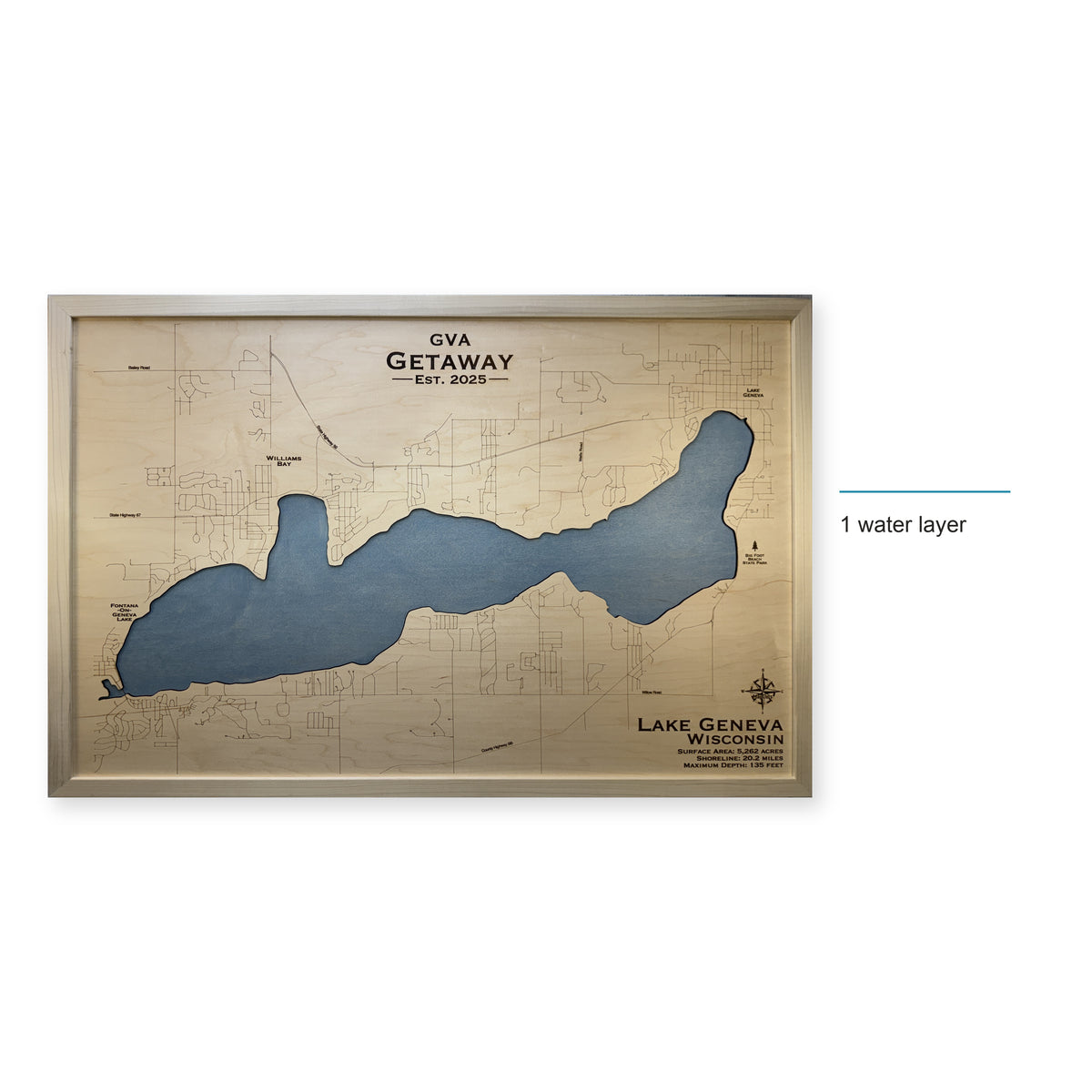 Lake Geneva Wisconsin GVA Getaway Natural Single Water Layer Wood Map — style-labeled photo [MC20261006 q2524 584e366fe9e4]