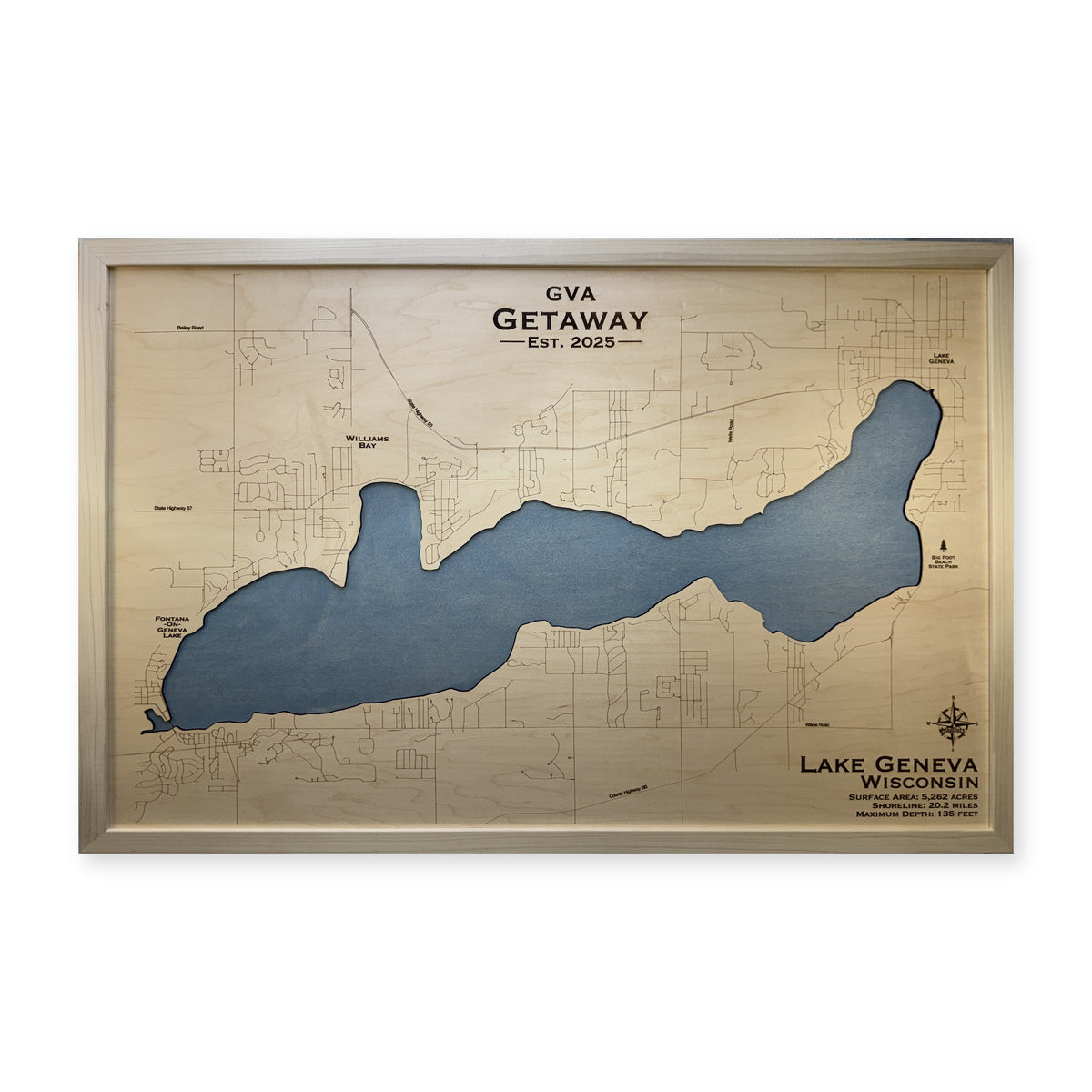 Lake Geneva Wisconsin GVA Getaway Natural Single Water Layer Wood Map — 1 water layer main photo [MC20261006 q2524 93dc74306463]