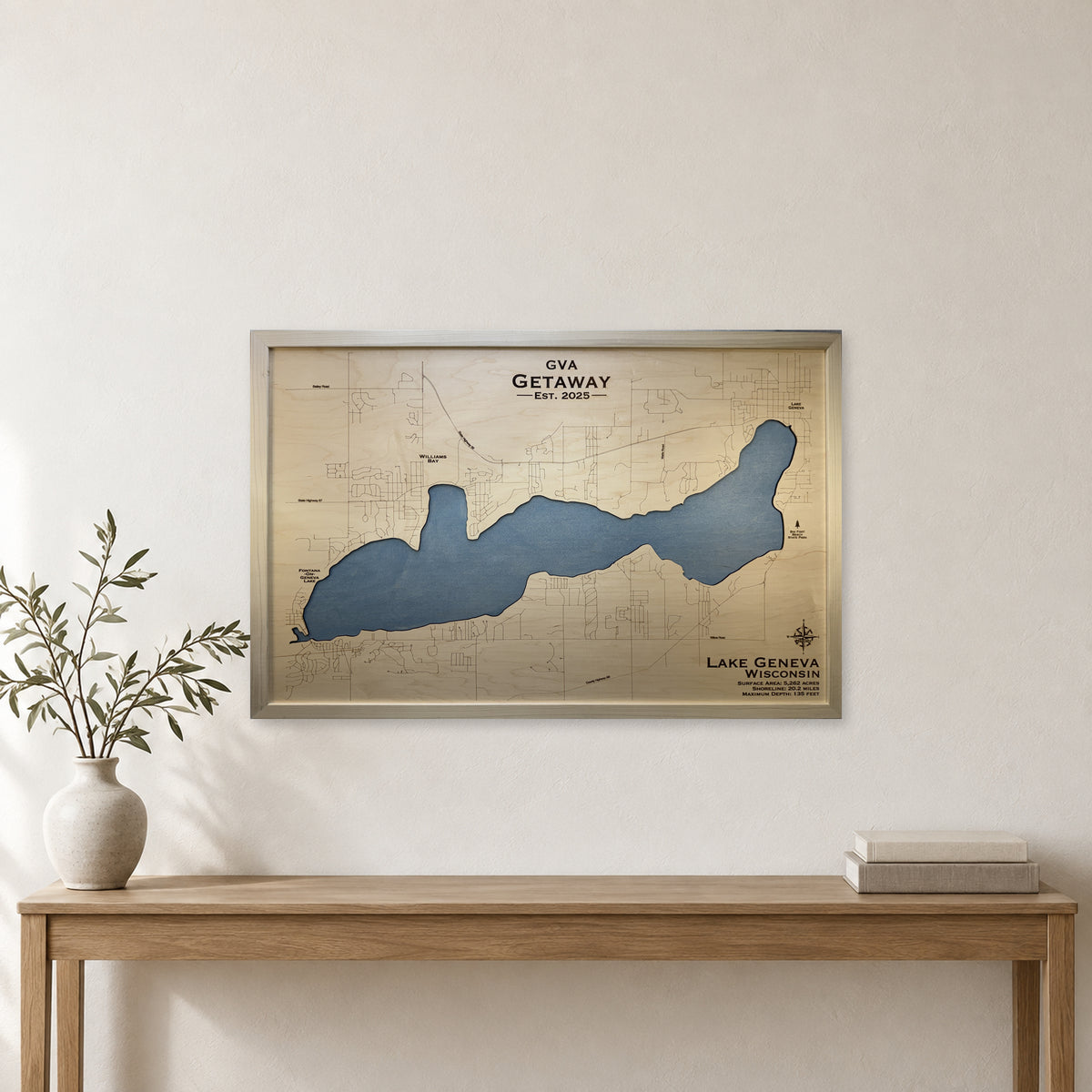 Lake Geneva Wisconsin GVA Getaway Natural Single Water Layer Wood Map — room mockup [MC20261006 q2524 8885863d281c]
