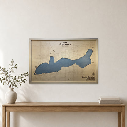 Lake Geneva Wisconsin GVA Getaway Natural Single Water Layer Wood Map — room mockup [MC20261006 q2524 8885863d281c]