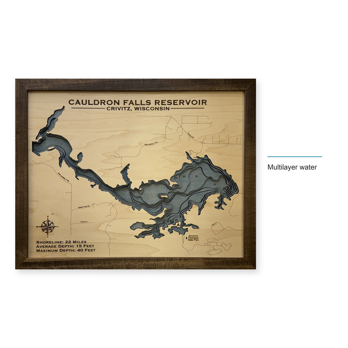 Cauldron Falls Reservoir, Crivitz, Wisconsin Wood Map — style-labeled photo [MC20261006 q2530 0b07fe118550]